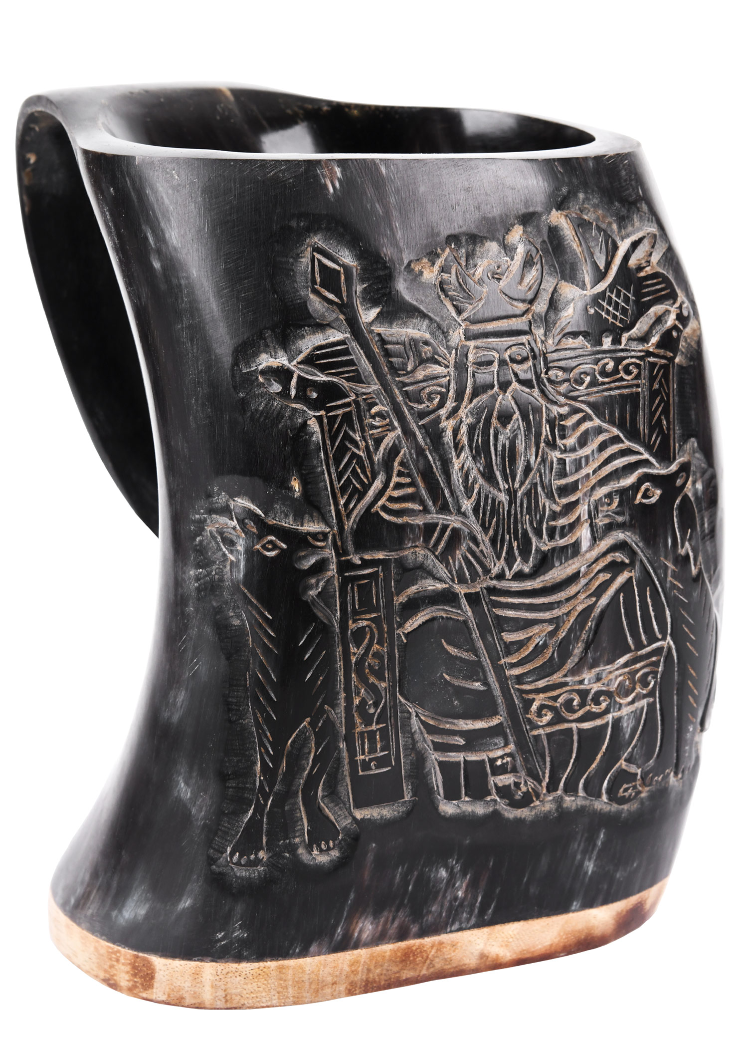 Hornbecher, Bierkrug mit Holzboden und Odin-Motiv