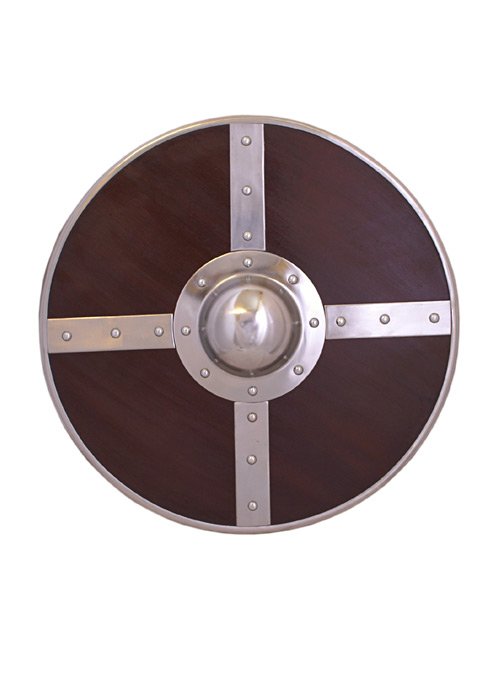 Rundschild aus Holz mit Stahlbeschlägen