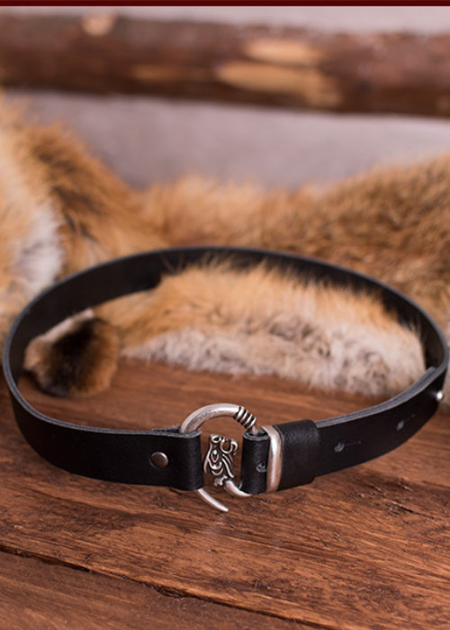 Ledergürtel schwarz mit Wolfskopf - Schnalle silberfarben